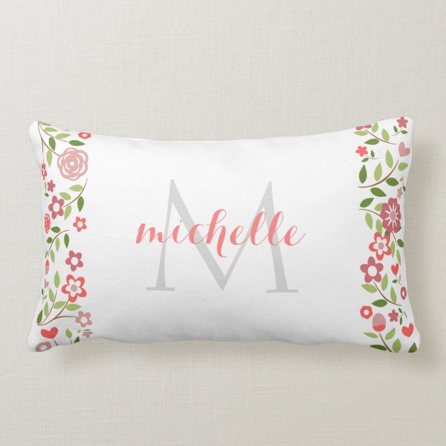 Personalized Coral Grey Floral Monogram Pattern Throw Pillow Zazzle